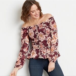 Chance & Destiny Off-Shoulder Wine Floral Smocked Blouse